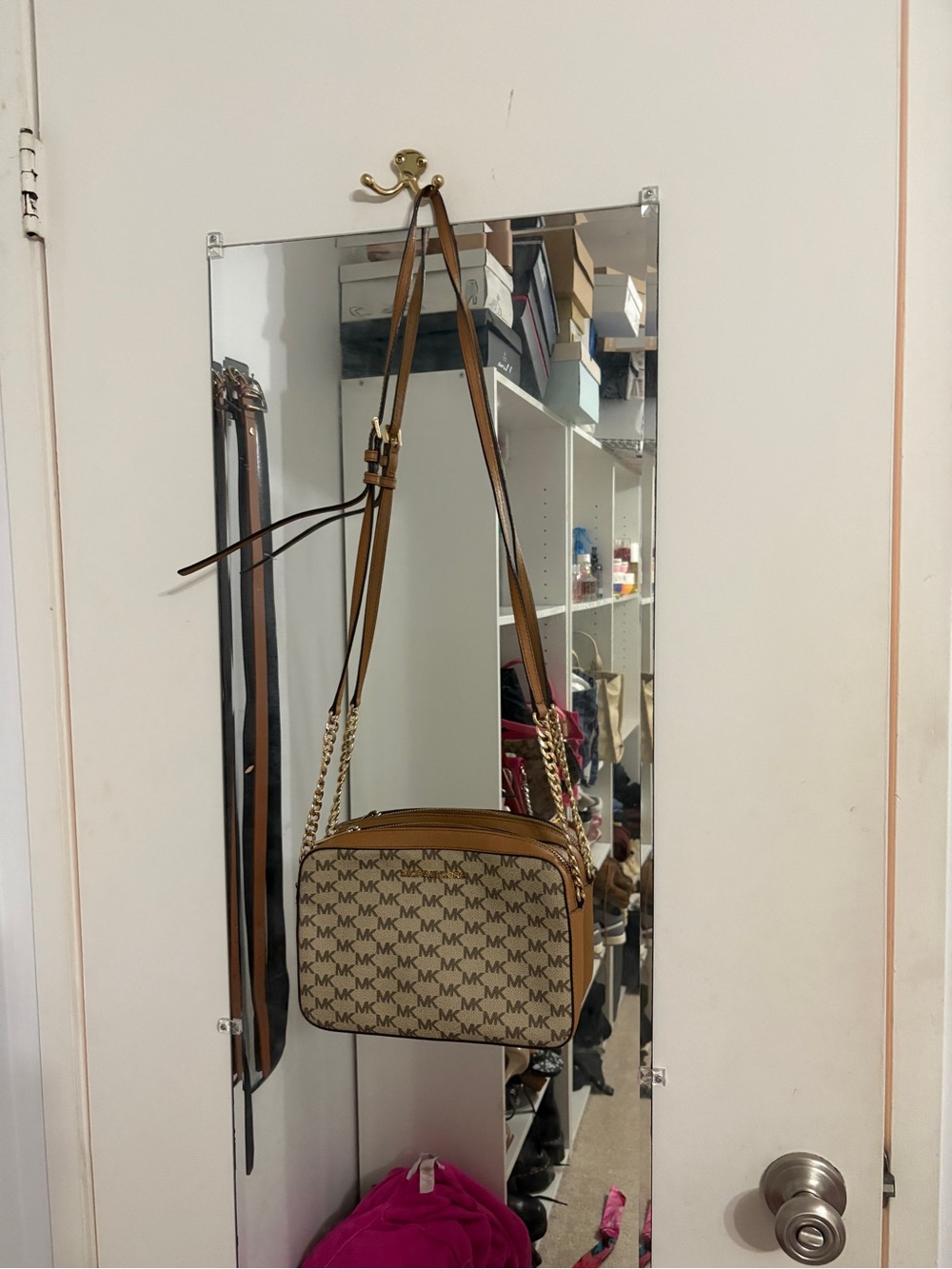Michael Kors Brown MK Logo Crossbody Bag with Gold Chain